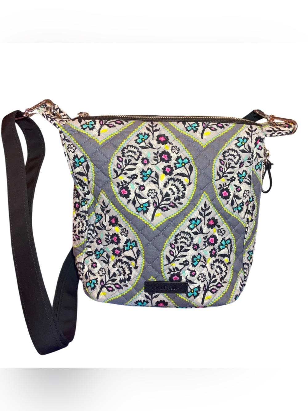 VERA BRADLEY Gray Heritage Leaf Handbag Black Adjustable Strap Top & Side Zip